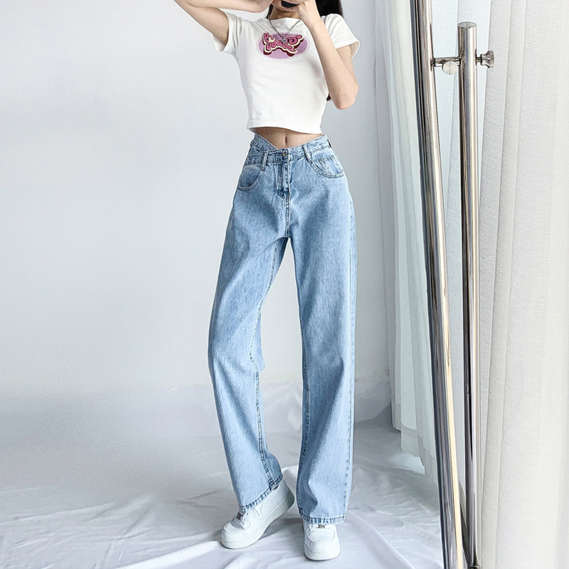 Picture of Straight Leg Jeans Women's New Summer Chic High Waist Design Cross Waist Loose Wide Leg Dipped Trousers