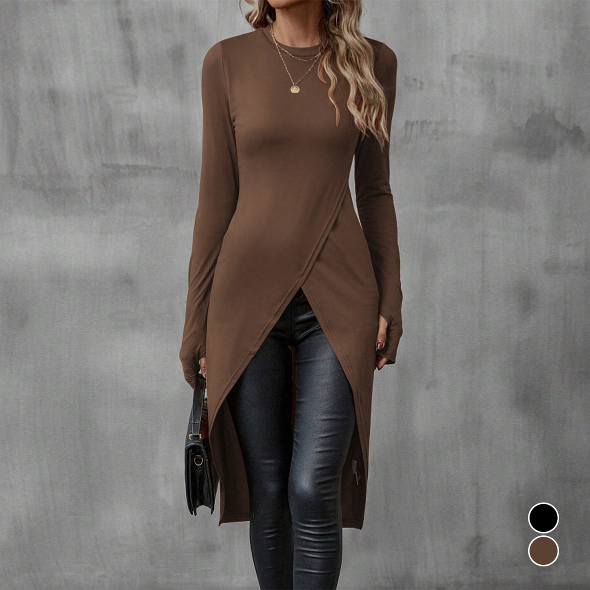 Autumn and Winter Hot Cross-border Women's Long-sleeved dress European and American Sexy Split Round Neck Fashion Slim-fit Hip Skirt