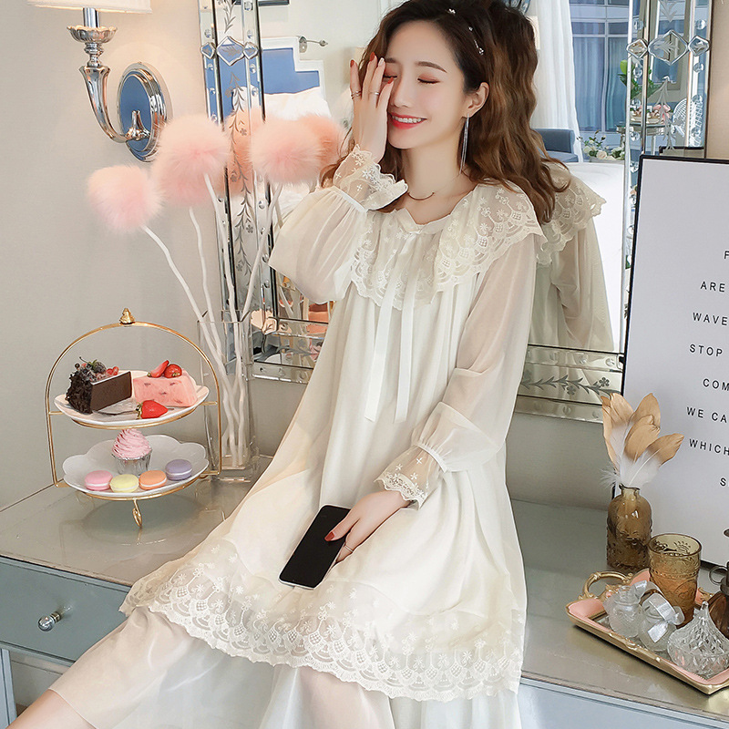 Long Sleeve lace court nightdress women's thin fairy rayon spring and autumn princess style midi dress fashionable lace nightdress