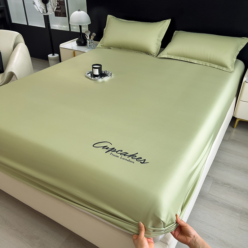 Picture of Summer New Ice Silk Fitted Sheet Three-Piece Set with Letter Embroidery Mattress Protector Single Dormitory Bed Sheet Bed Cover