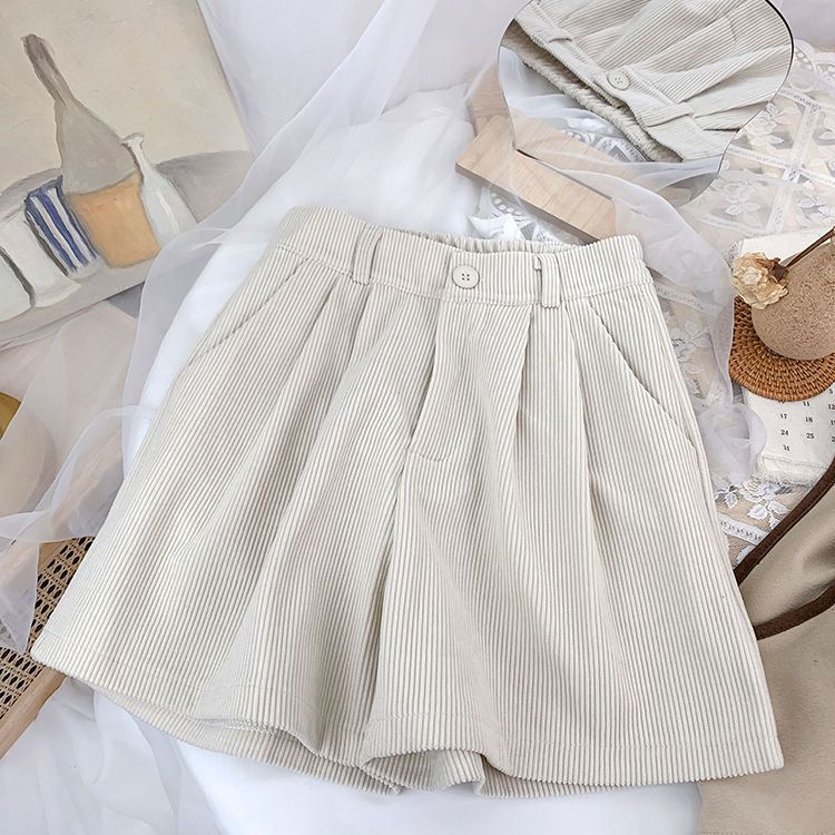 Vintage Corduroy Shorts Women's Summer 2024 New High Waist Loose Slimming Outer Wear Casual Wide Leg Pants Boots Pants