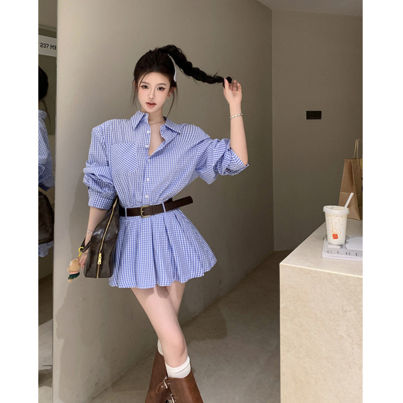 Early autumn women's dress 2024 French temperament waist slim plaid shirt dress pleated skirt