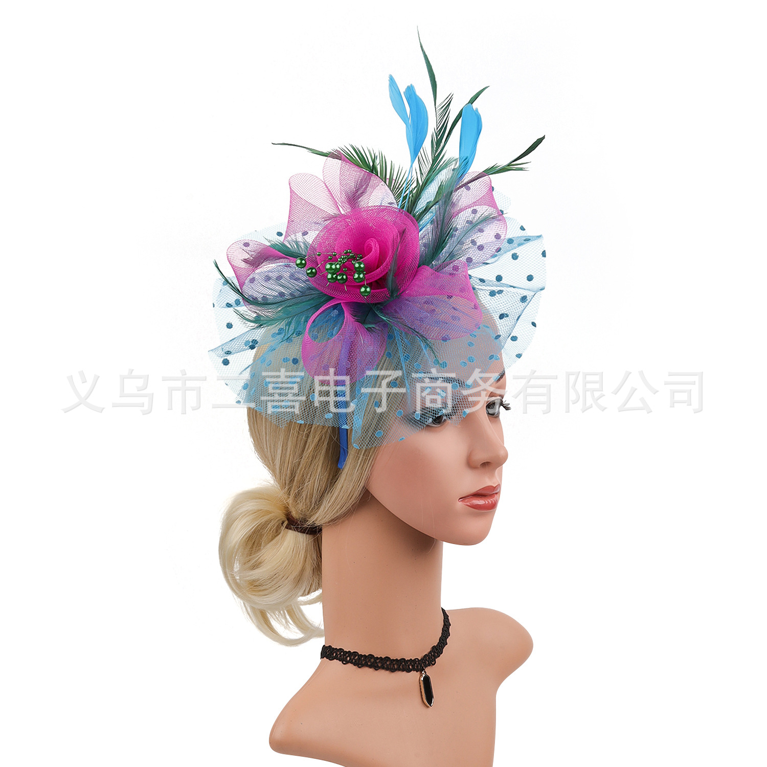 Picture of European and American Popular Amazon Feather Headdress Bridal Hair Accessories Mesh Top Hat Jockey Club Hair Accessories Hairpin Headband
