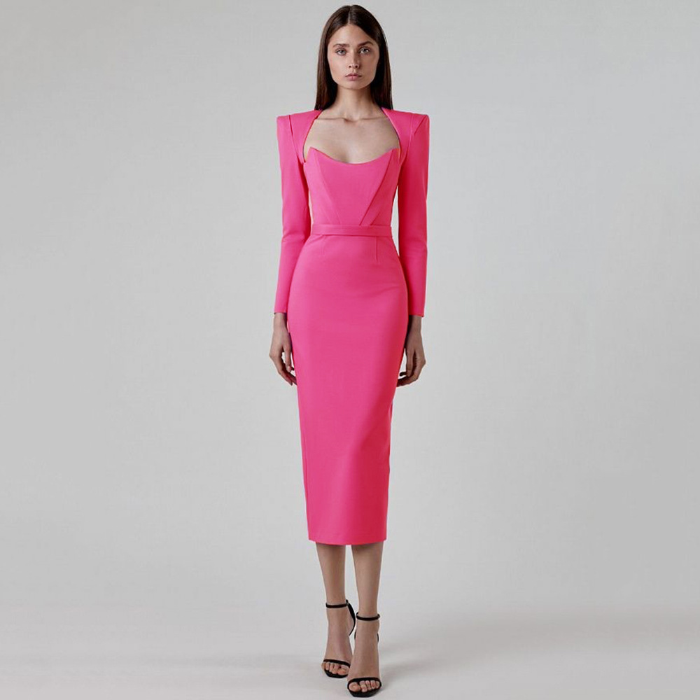AliExpress Hot Fashion Shoulder Pad Sexy Square Collar Low-cut Hip Bandage Dress Red Carpet Cocktail Party Evening Dress