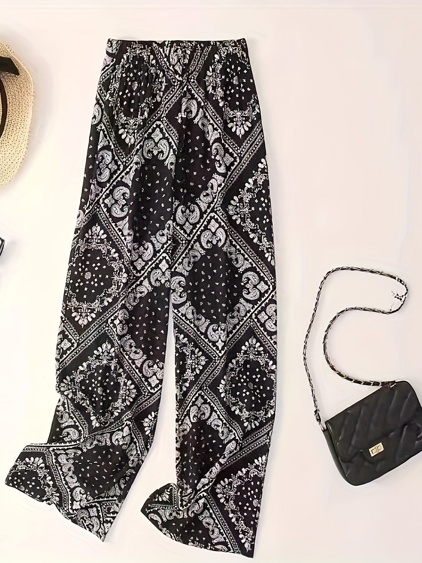 in stock 2025 Cross-border New All-match High Waist Inclined Pocket Paisley Printed Casual Straight Casual Wide Leg Pants