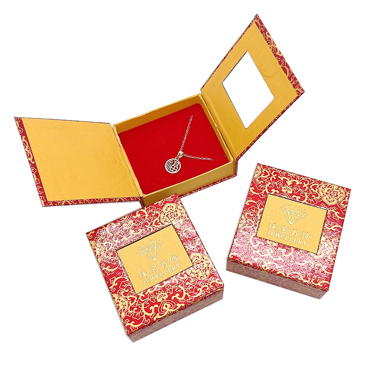 Factory Source Window Pendant Box Red Gold Flower Necklace Jewelry Box 7x 8cm Ring Ear Nail Box