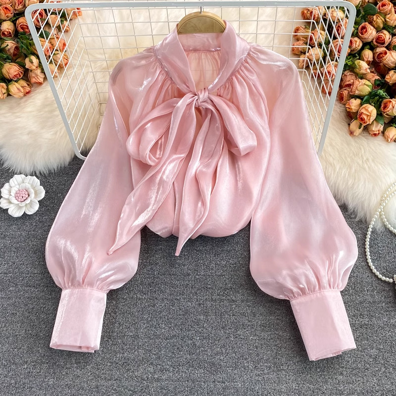 French New Arrival Bow Lace French Shirt Long Sleeve Elegant Top for Women