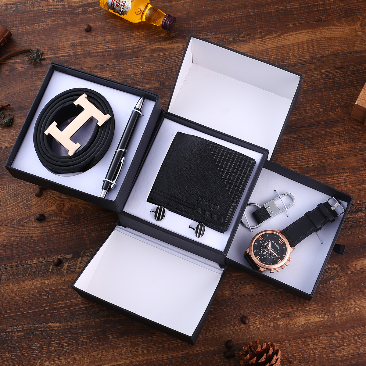 Picture of 6Pcs/Set Suit Belt+Wallet+Button Cufflinks+Keychain+Quartz Watch+Pen Gift Box Creative Gift Box