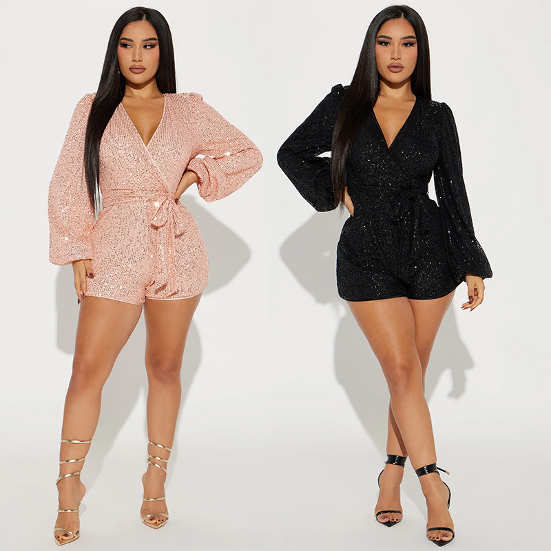 Amazon 2023 New elegant commuter long sleeve solid color sequins fashion V-neck belt women's one-piece shorts