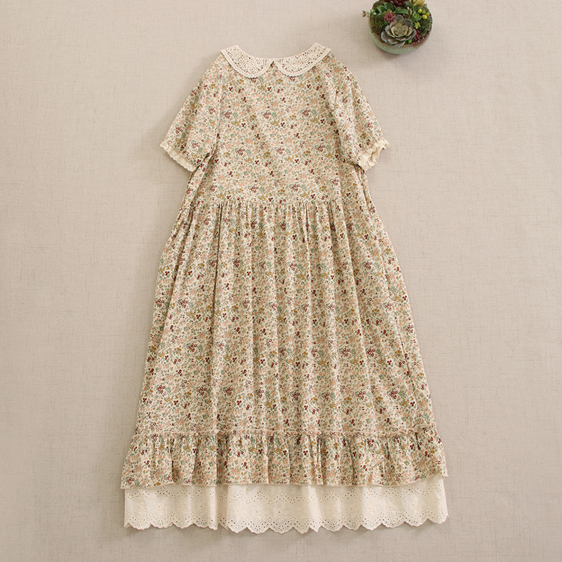 Picture of Japanese Mori Girl Artistic Floral Doll Collar Short-Sleeve Dress Loose Versatile Half-Open Plaid Lace Hem Long Dress