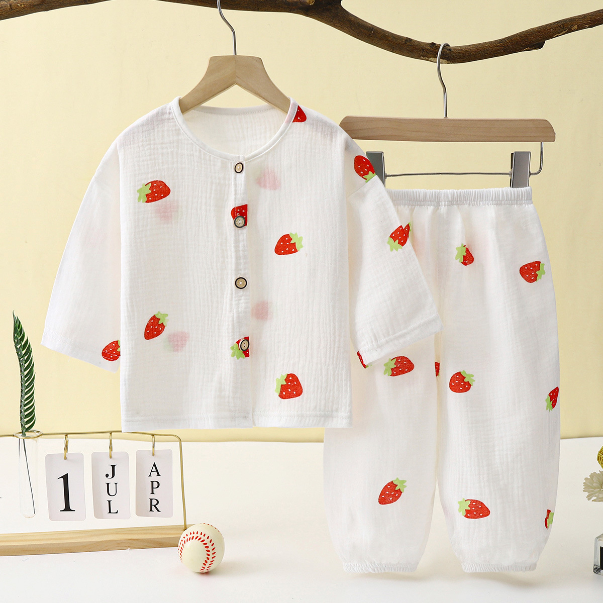 Picture of Children's Thin Double-Layer Gauze Pajamas Two-Piece Set Summer Girls Home Clothes Baby Boy Long-Sleeved Bloomers Set