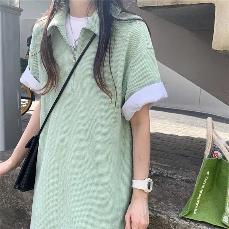 Picture of Japanese Girl's Mint Green dress Sense Niche Waffles Loose Straight Skirt Polo Collar Age-reducing Skirt