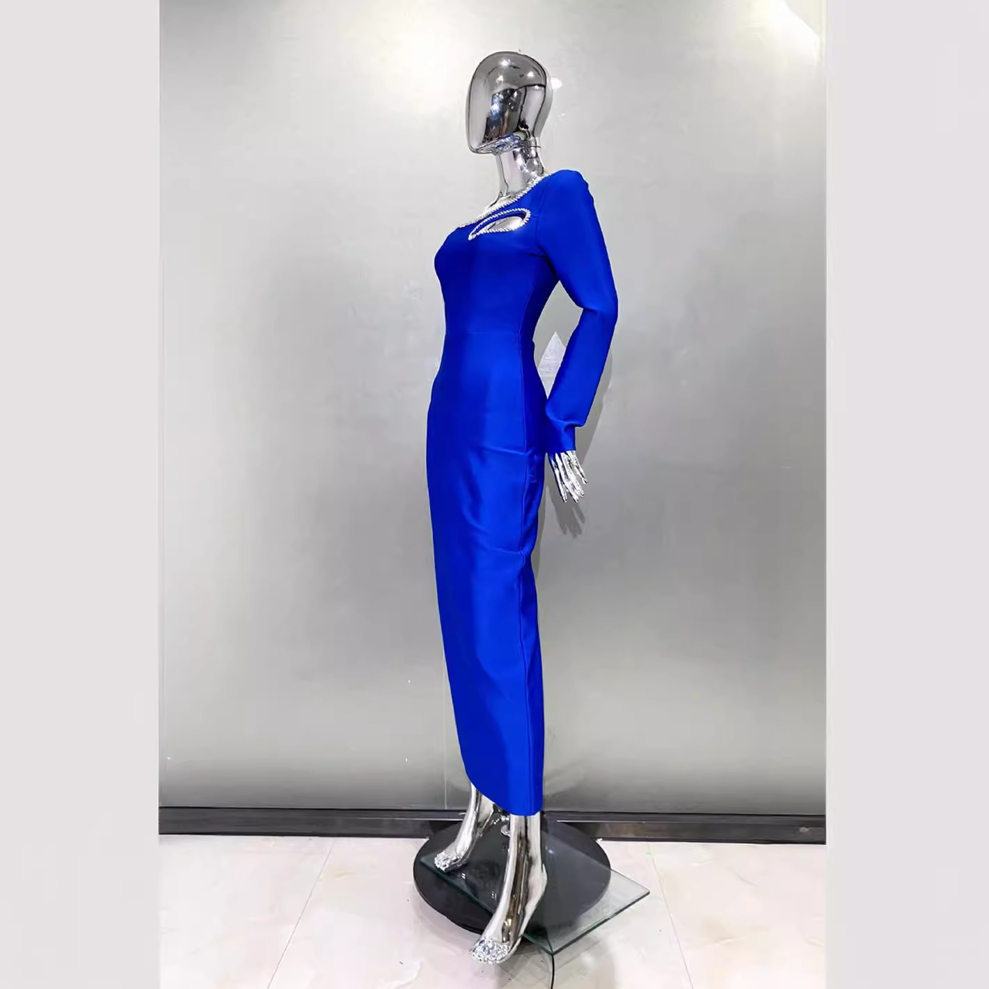 Picture of Blue Fashion Shoulder Long Sleeve Hollow Slim-fit Tight Long Bandage Hip dress Party Party Gown