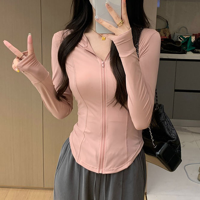 Picture of Factory Straight Hair Finger Buckle Pocket Ice Silk Sun Protection Clothing Slim-fit Hooded Jacket Zipper Sport Cardigan