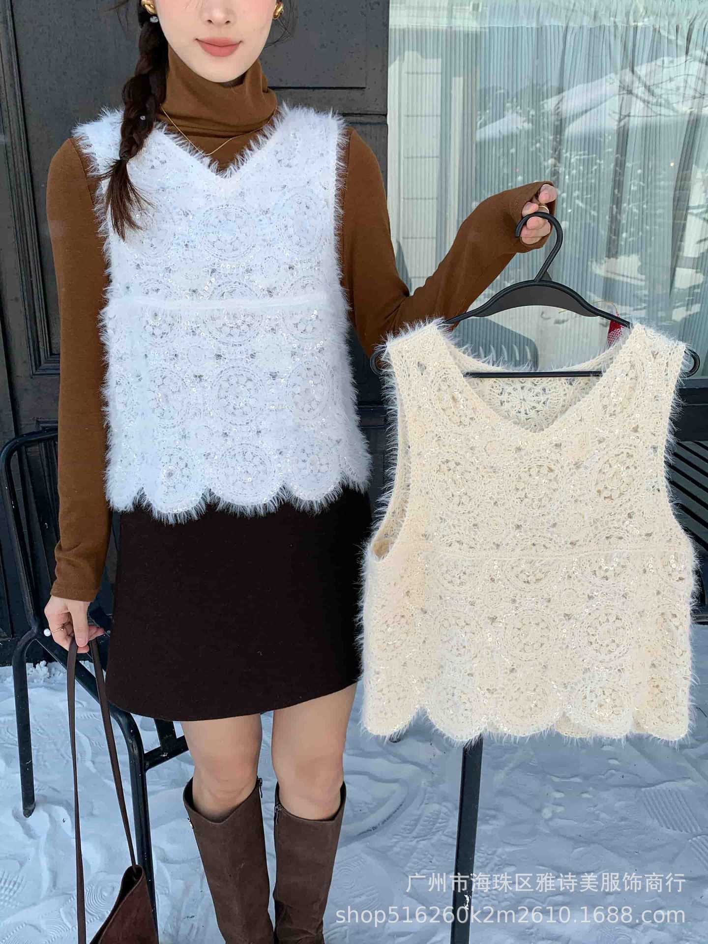 Picture of Korean Style Gentle Style V-neck Sequin Heavy Craft Mink Hair Vest Women's Autumn and Winter Fashionable Elegant Slim Look Outer Wear Top