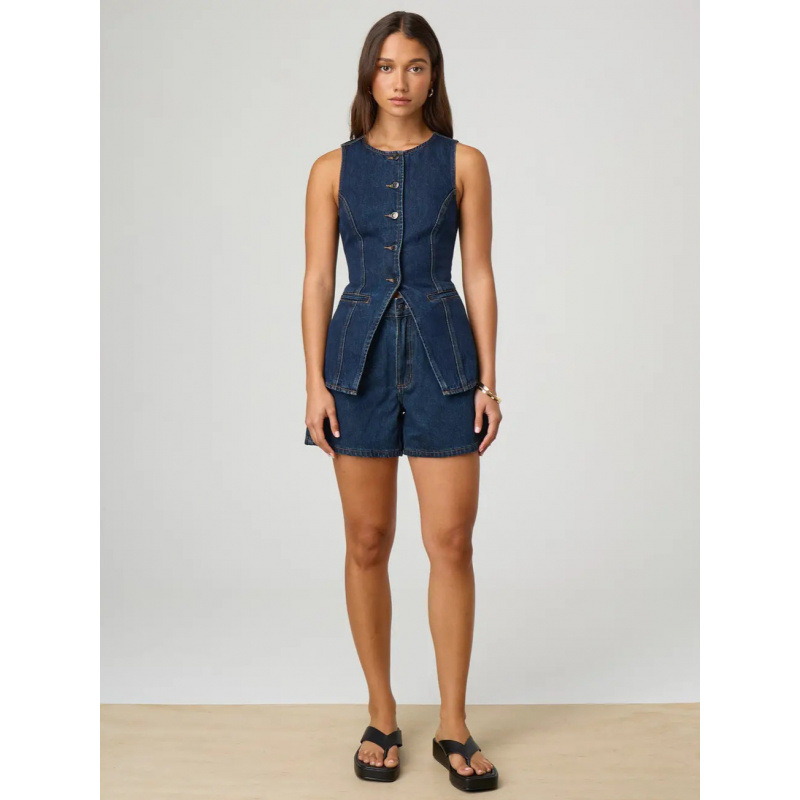 European and American Cross-Border Spring and Summer New Elegant Style European and American Fashion Sleeveless Waist High Waist Loose Denim Shorts Suit for Women