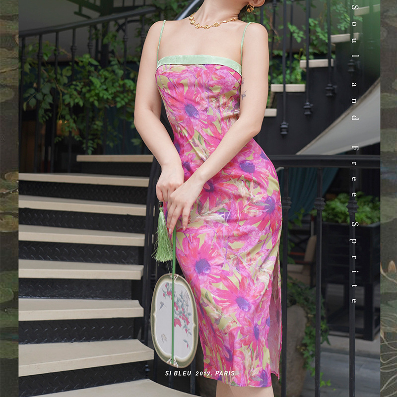 Chengdu Taikoo Li Internet Celebrity French Niche Design New Chinese Floral Patchwork Color Contrast Slim Fit Dress