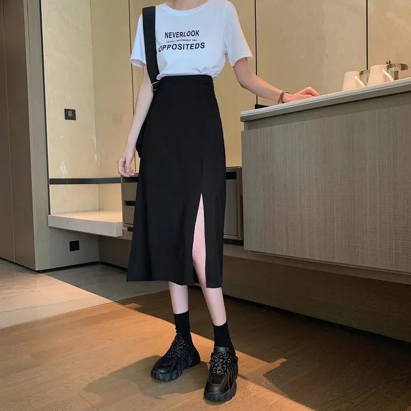 2024 Summer Plus Size High-Waisted Mid-Length Black Slit A-Line Pencil Skirt for Women, High-Waisted and Slimming
