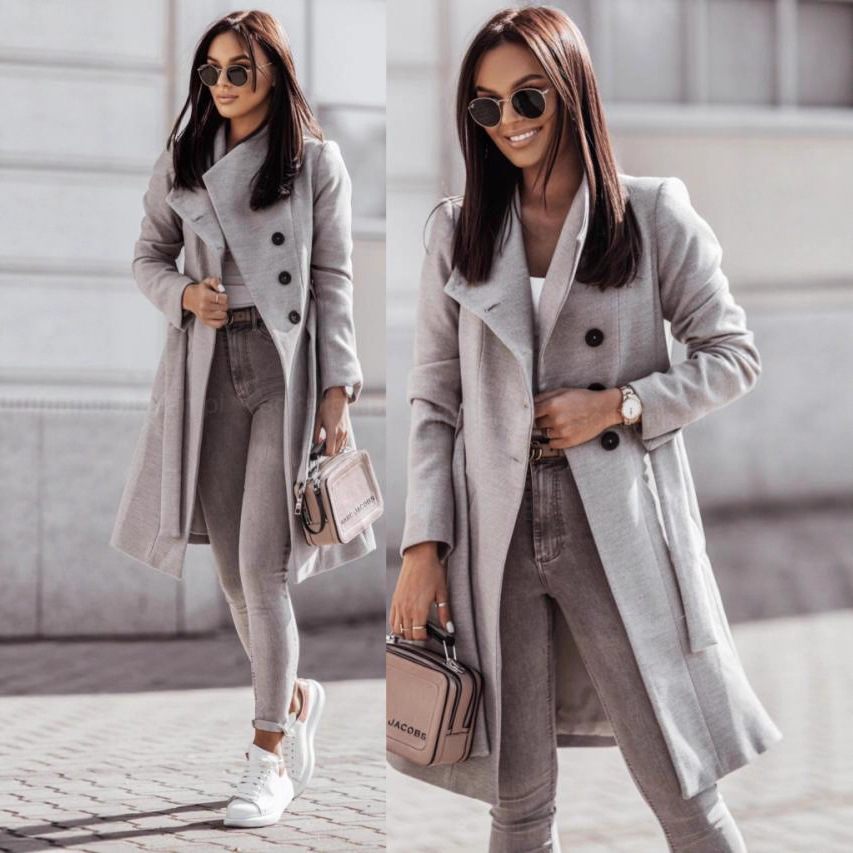 Picture of 2024 autumn and winter Europe and the United States new cross-border women's clothing Amazon woolen cloth coat solid color strap long woolen coat