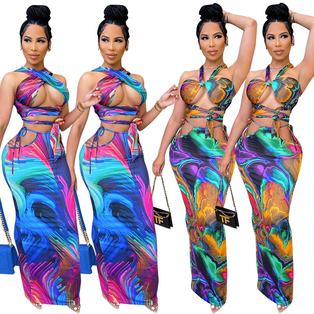 OS6182 Cross-border New Product Amazon wish European and American Fashion Sexy Digital Printing Women's Two-piece Set