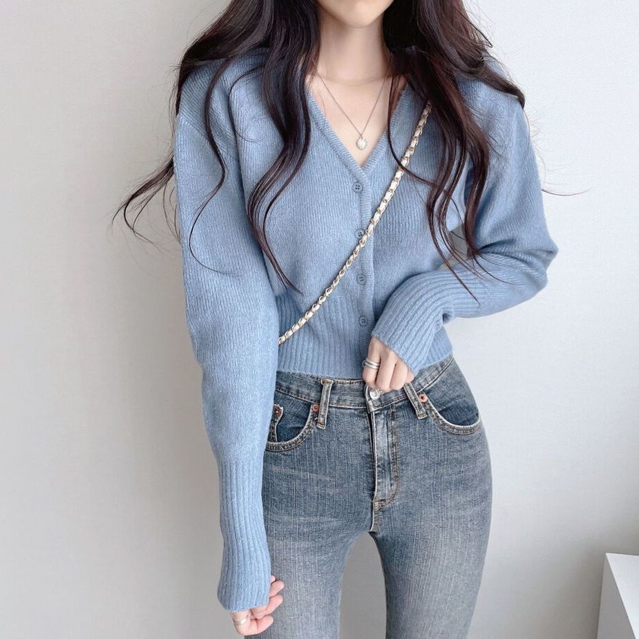 Lazy style short slim-fit blue sweater coat for women 2022 autumn and winter New gentle style niche knitted cardigan