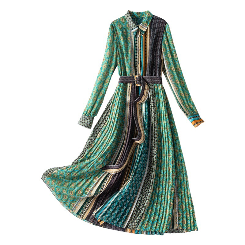 Autumn New 2023 Chubby Girl Elegant Tight Waist Printed Chiffon Dress Slim Look Lapel Pleated Skirt Long Skirt 1014