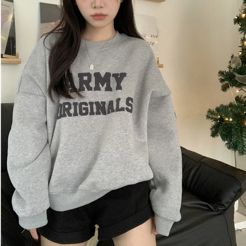 Velvet Loose Casual Sweatshirt Women's Autumn and Winter Outwear Vintage Round Neck Long-Sleeved Bottoming Shirt Top Export Korean Women's Clothing