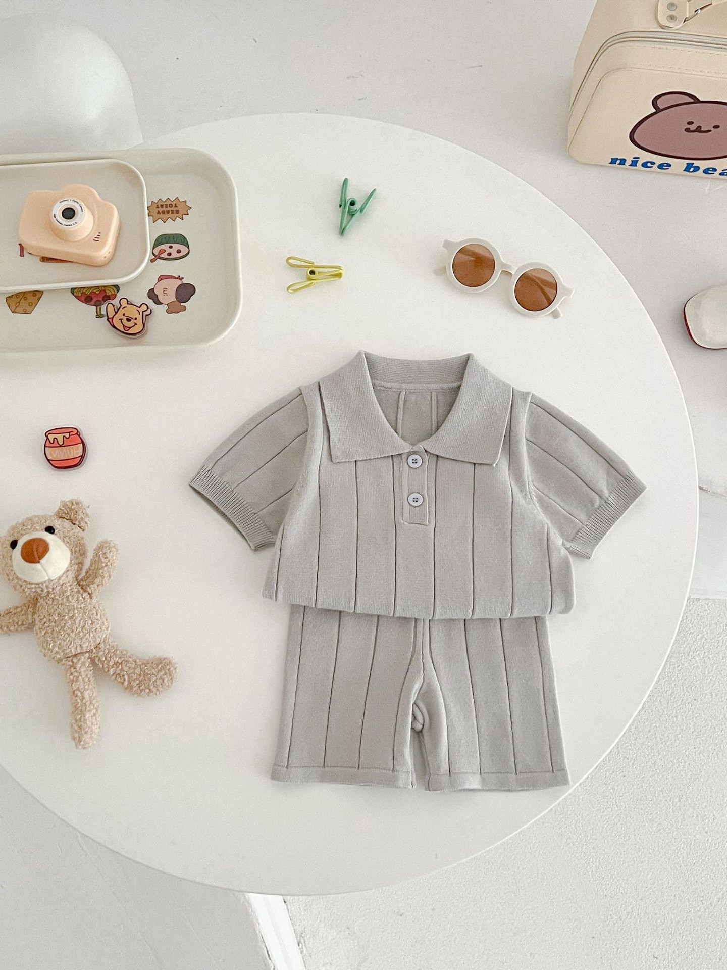 Picture of Ins Korean Style 2025 Spring and Summer Baby Children's Baby Ice Silk Knitted Sweater Thin Summer Top Pants suit