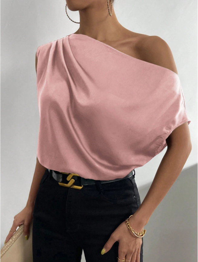 Picture of 2025 Spring Solid Color Satin Simulated Silk Irregular Sloping Shoulder One-Neck Pullover Sleeveless Shirt Women's European and American Clothing