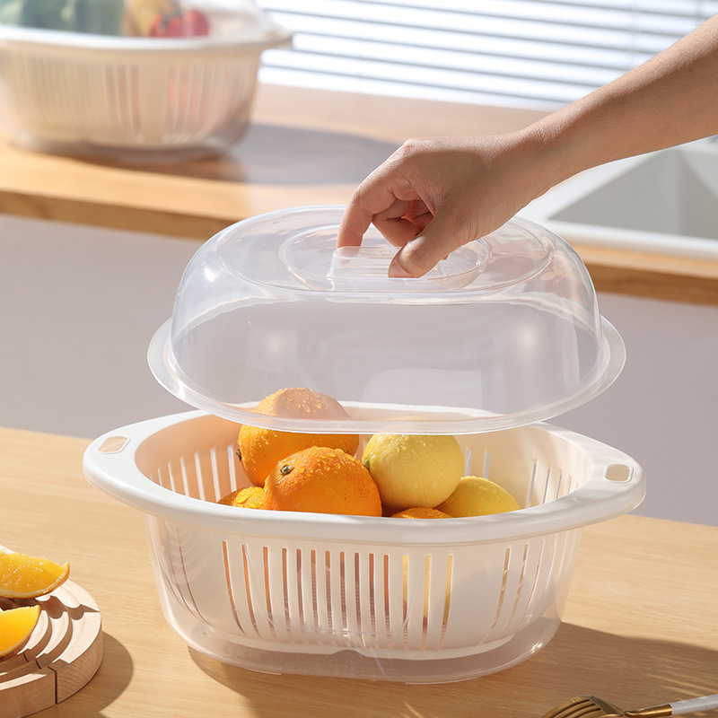 Picture of Double-Layer Covered Sink Drain Basket Kitchen Home Living Room Multi-Functional Bowl Plastic Fruit Plate Fruit Basket Large