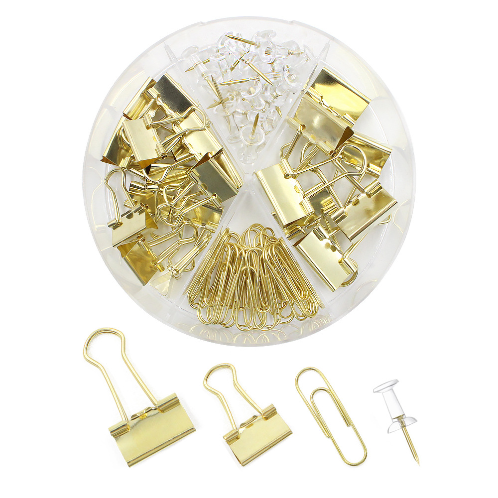 Cross-Border New 72 Pieces Gold Binding Combination Large and Small Long Tail Clip Paper Clip I-Shaped Nail 4-Grids Thumbtack Set