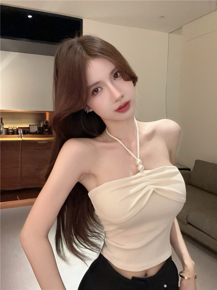 Summer Chic Sexy Pure Desire Spice Girl Camisole Hanging Neck Lace Beautiful Back Short Slim-fit Top Design Sense Women