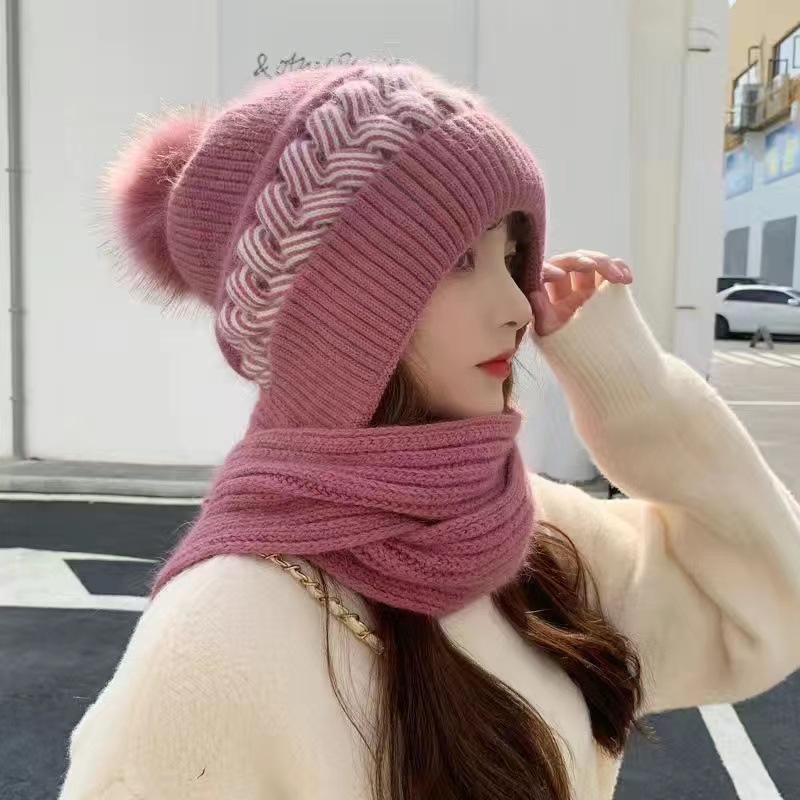 Picture of Hat women's winter Korean-style fashion wool hat winter versatile warm thickened ear protection knitted hat scarf integrated
