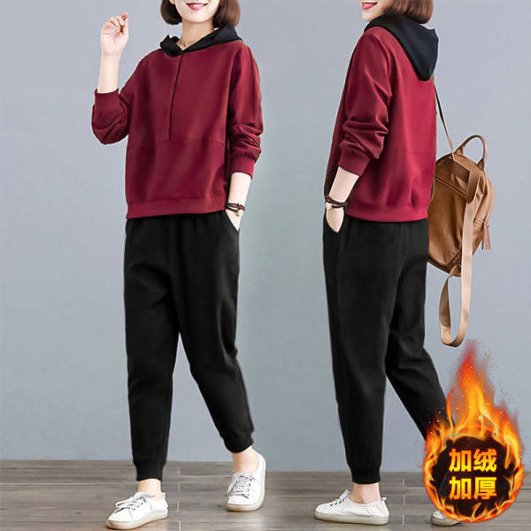 Autumn and Winter new fleece-lined thickened Western style fashion suit loose plus size women's clothing two-piece sweater temperament hooded