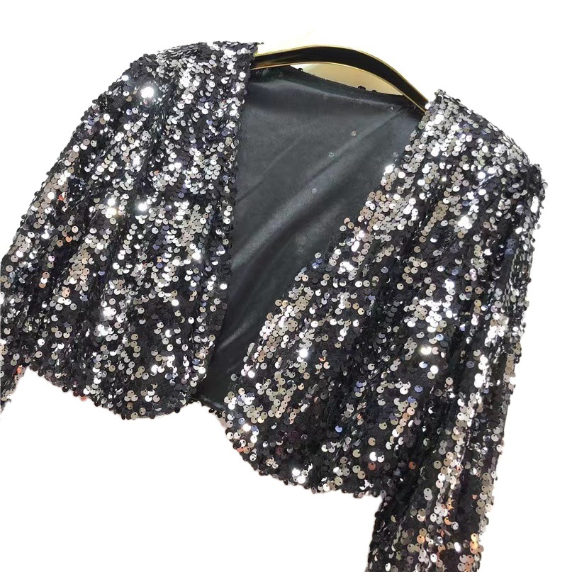 High-End Women's Clothing European and American Export Sequined Short Holiday Style Short Outwear Women's Fashion Sequined Small Suit Personalized Top