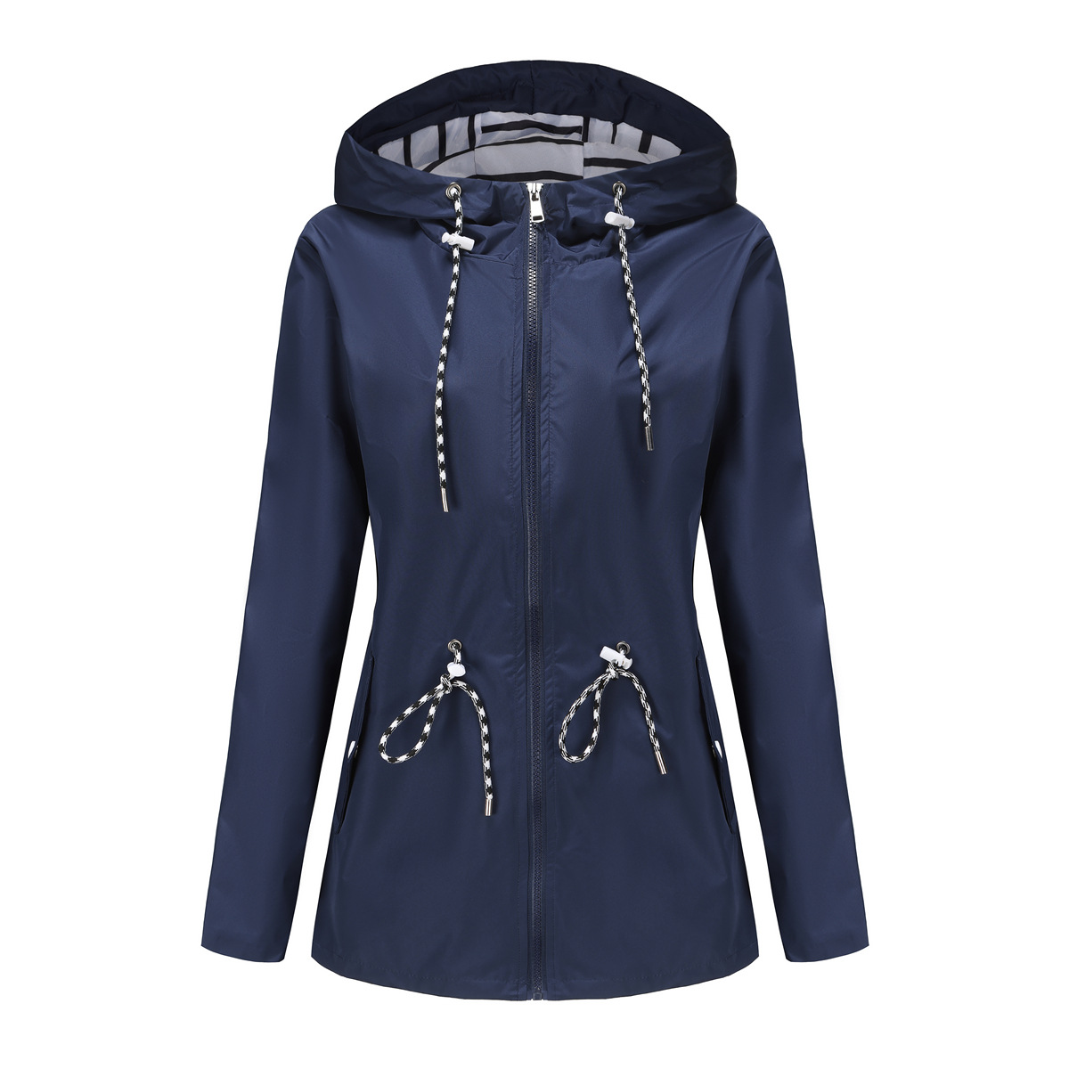 Picture of Autumn/Winter Coat European and American women's trench coat cross-border women's long hooded striped splash-resistant raincoat