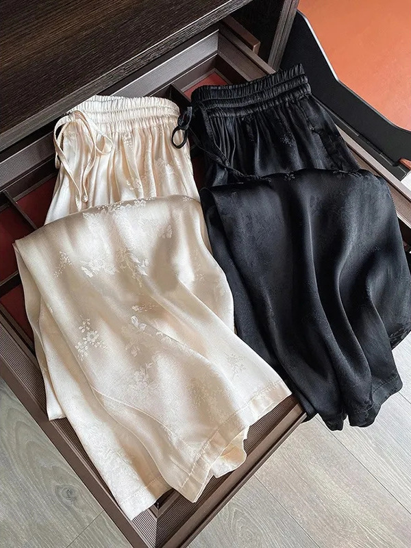 New Chinoiserie Acetate Satin Jacquard Thin Wide-Leg Pants for Women 2025Isn New High-Waisted Straight Floor-Length Pants for Slimming Look
