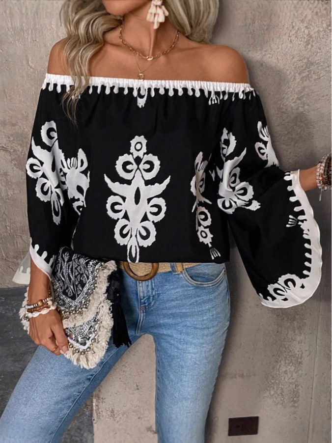 Picture of Amazon 2025 AliExpress Cross-border European and American New Fashion Loose Printed Bat Sleeve Top for Women
