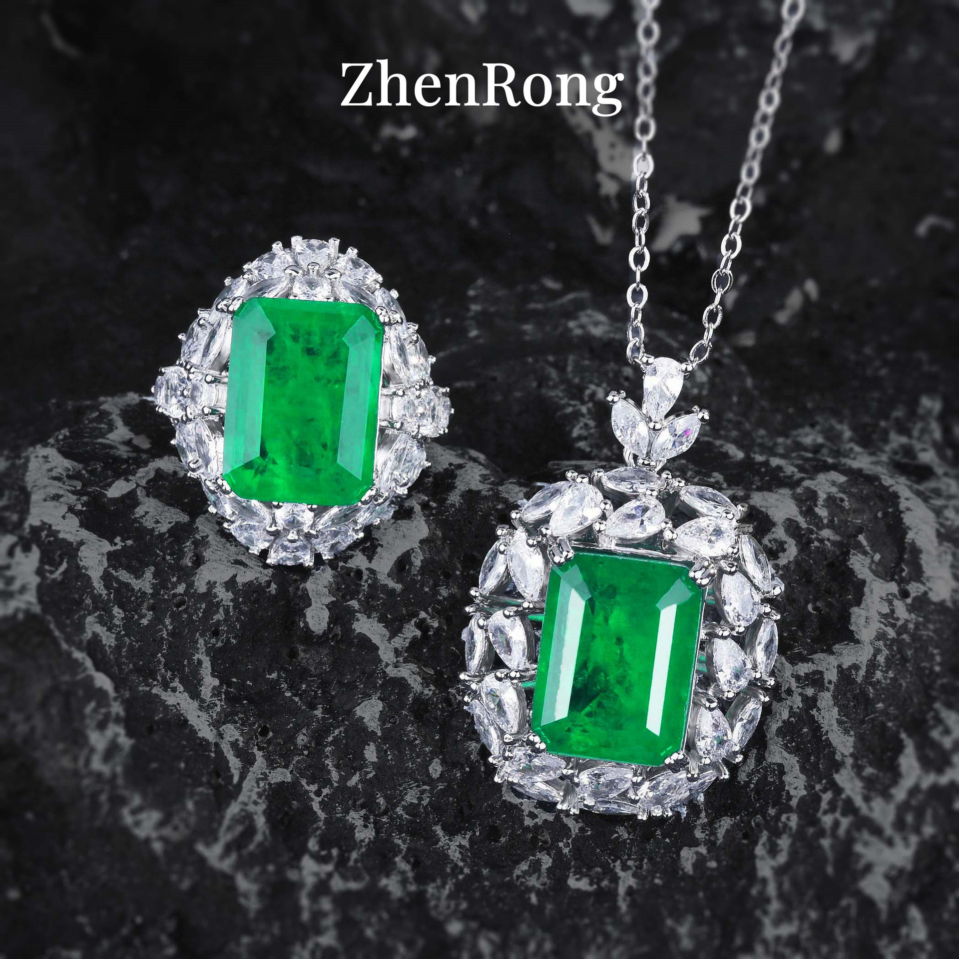 Chattering Live Broadcast Explosions Crystal with Cotton Emerald Necklace Simulation Royal Sapphire Opening Ring Color Treasure suit