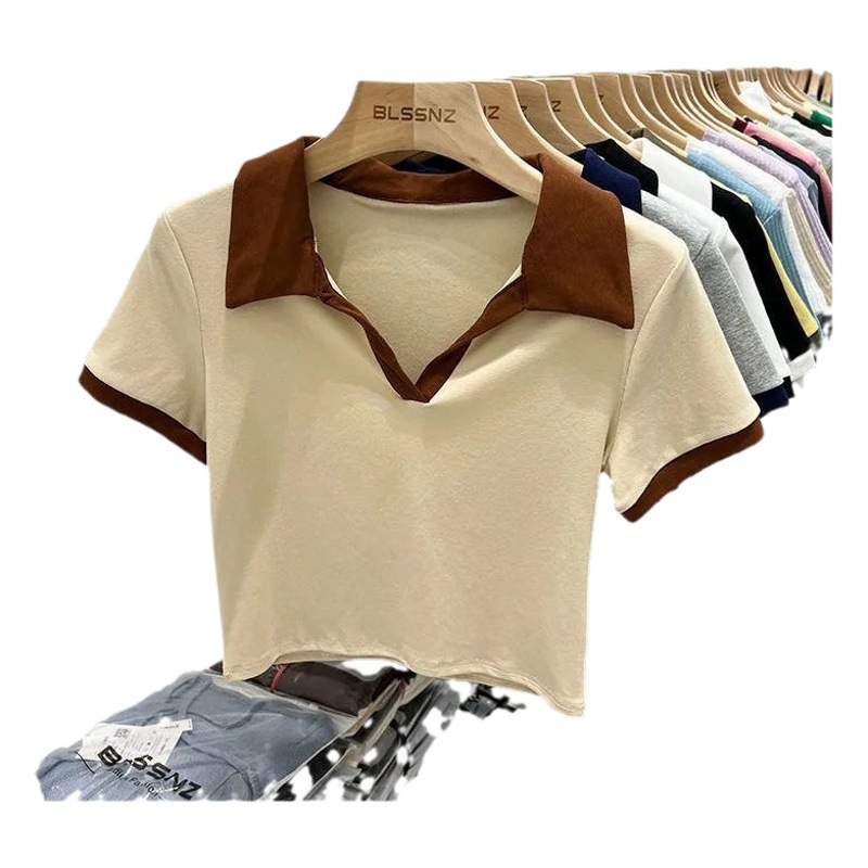 European-made Stitching Short-sleeved T-shirt Women's Instagram Fashionable Summer New Style Western-style Chic Clavicle Short Threaded Top Polo Shirt