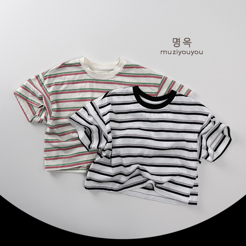 All-match Striped Short-sleeved T-shirt 2025 Summer New Boys and Girls Korean Loose Casual Top Children's Baby Children's Wear