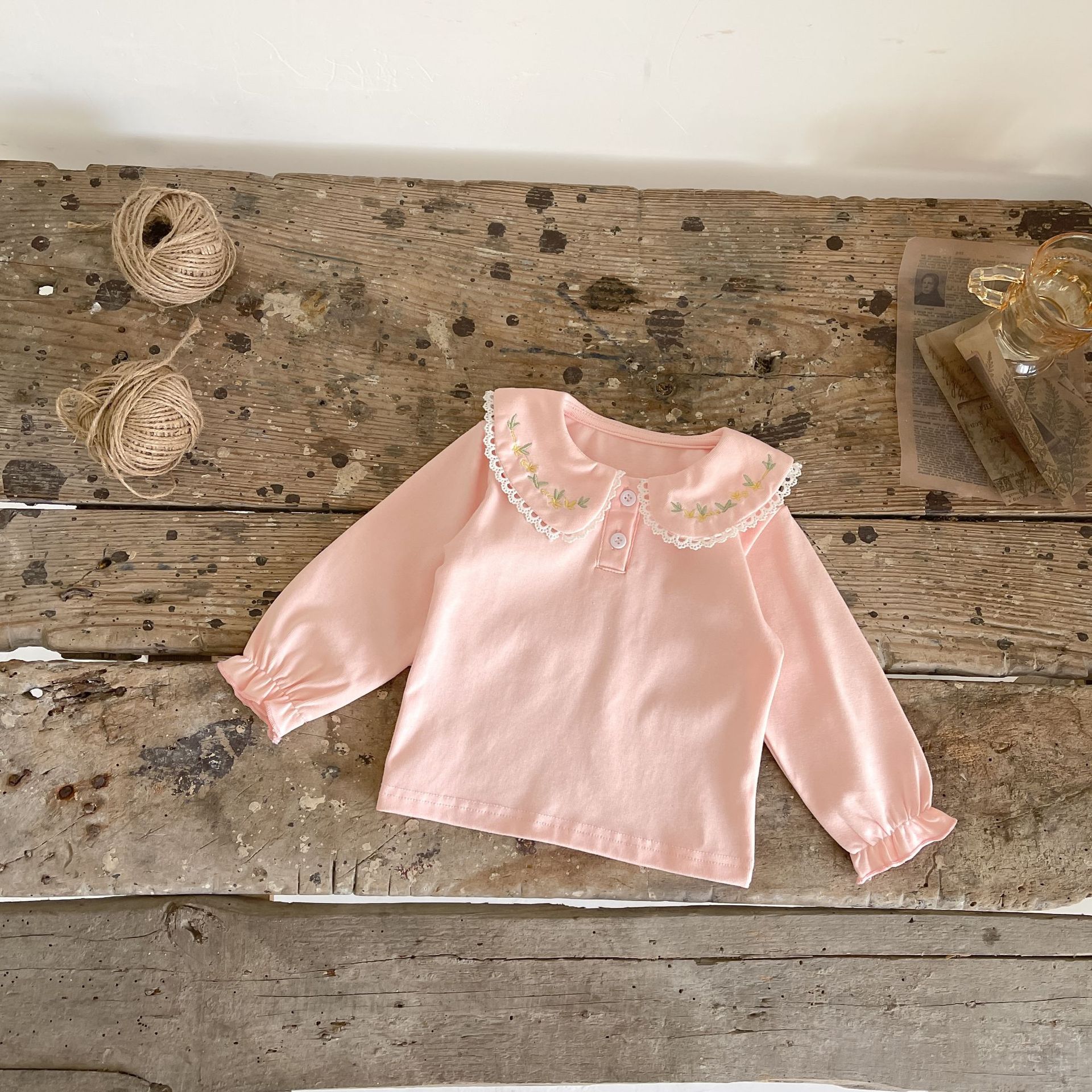 Picture of 0-3 Year Old Baby Girl Bottoming Shirt 2025 Spring & Fall Simple Infant and Toddler Embroidered Lapel Top Cotton Long-Sleeved T-Shirt