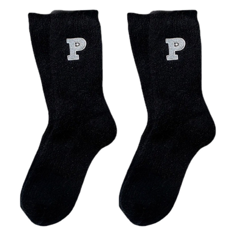 bei Velvet Socks for Women with Shark Pants Outer Wear Mid-Length Socks P Letter Autumn and Winter Thickened Warm Cashmere Stockings