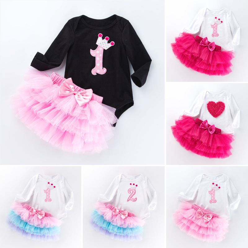 Cross-border Girls' Birthday Suit White Long-sleeved Cartoon One-year-old Hats Skirt Baby Top Princess Skirt