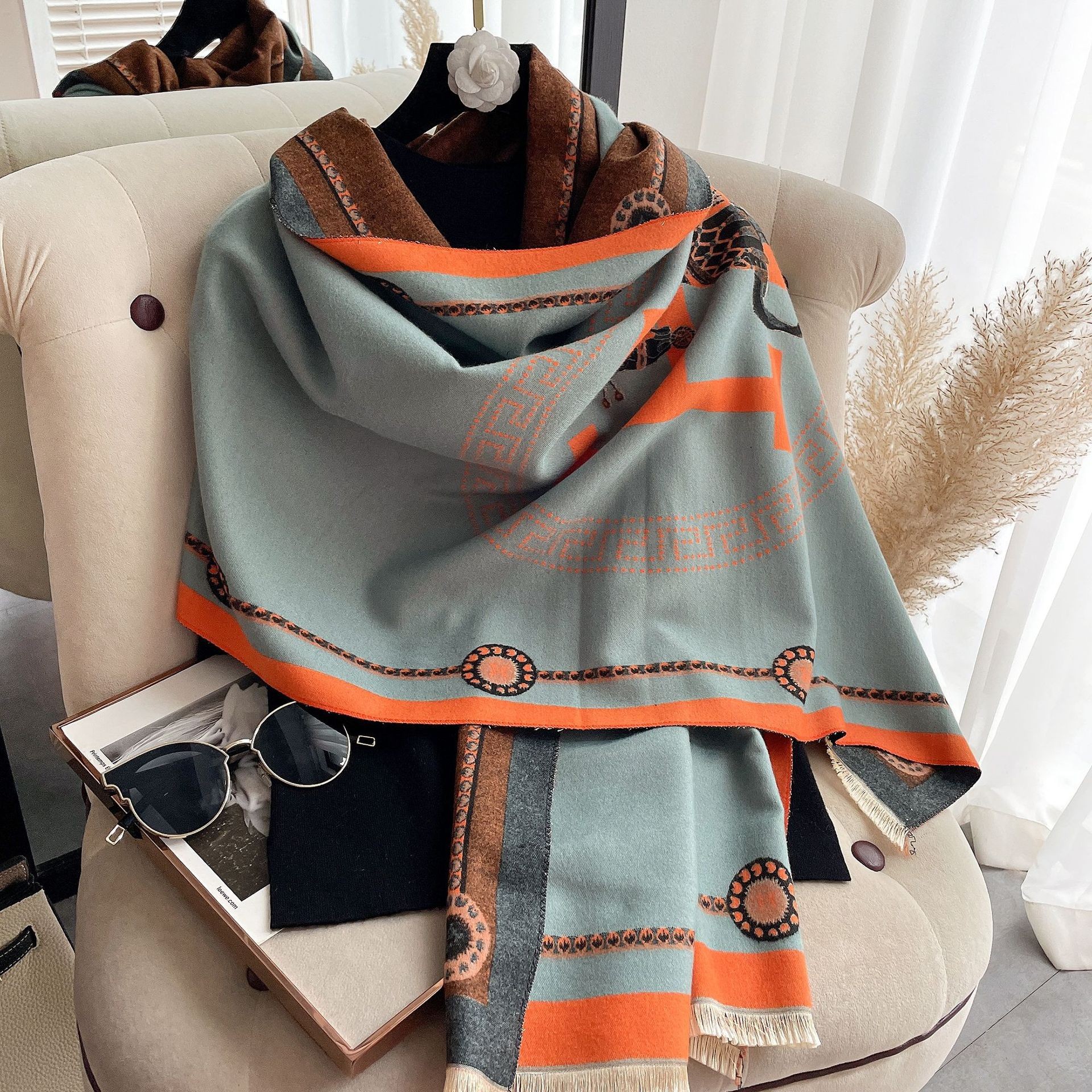 Picture of 2024 New Fashionable Big-Name Versatile Orange High-End Wool Cashmere Shawl Scarf for Women Winter Dual Use