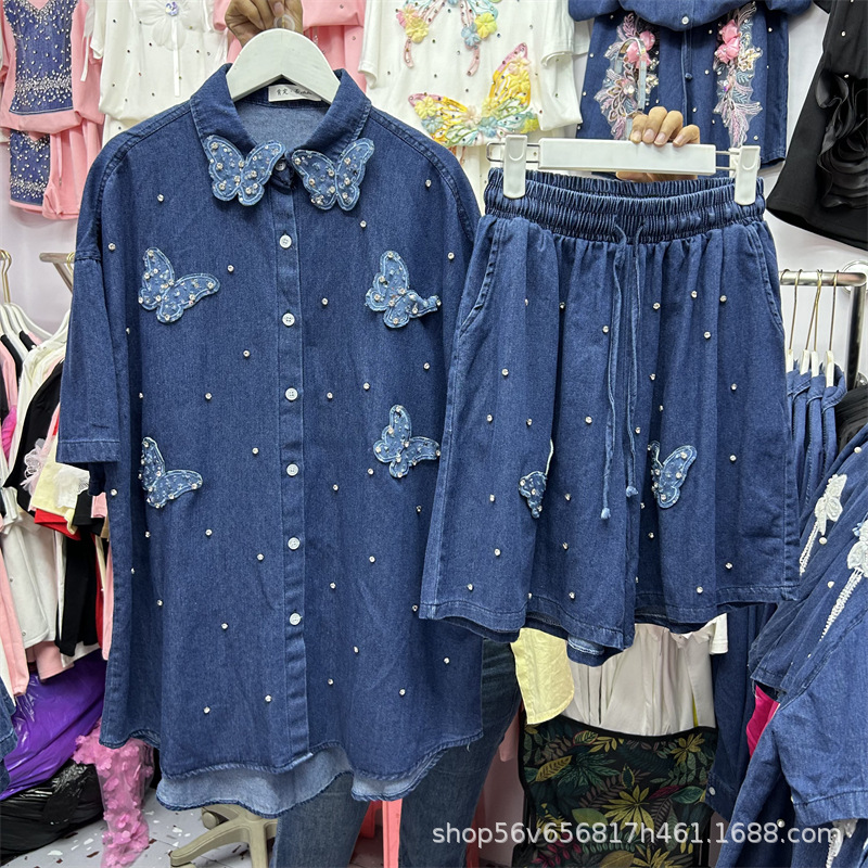 Denim Suit European Station Heavy Industry Diamond Butterfly Denim Shirt Top + Denim Wide Leg Shorts Two-Piece Set for Women