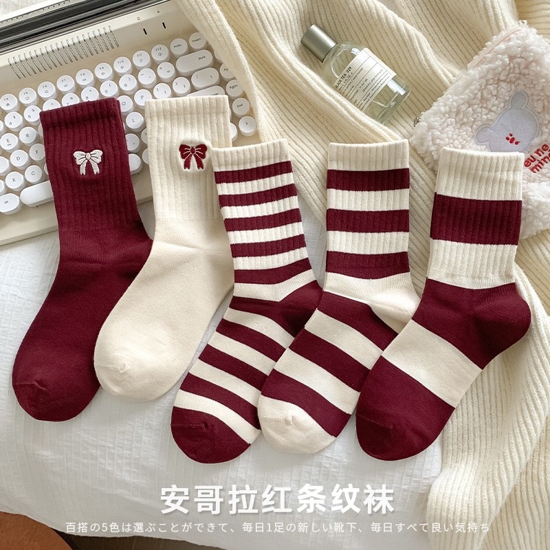 2024 Autumn and Winter New Angora Red Socks wine red Bow Embroidered Long Socks Stacked Socks