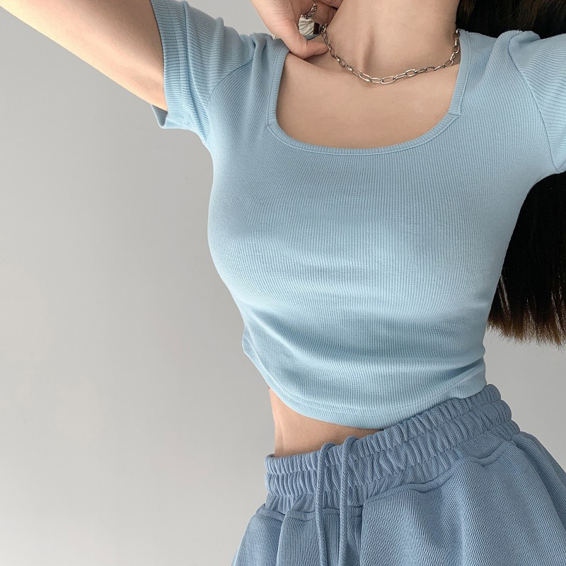 Slim-fit Solid Color Large U-collar Base Shirt Women's Summer Foreign Trade oversize Open-navel Short-sleeved T-shirt Women's Korean-style Top for Women