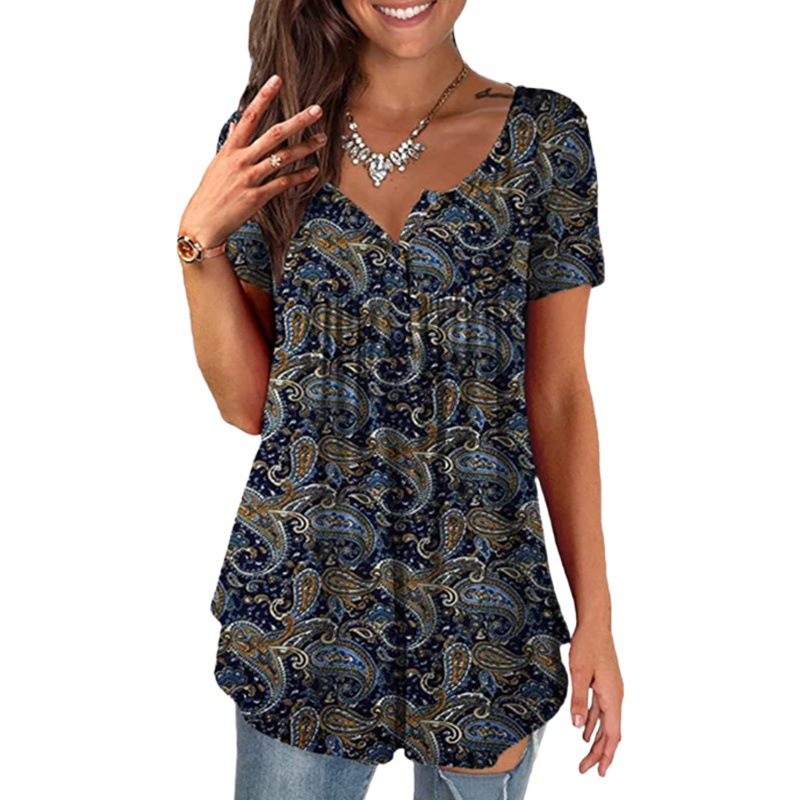 2025 European and American Cross-border Women's Summer Fashion New Top Digital Printing Casual Trendy Short-sleeved Henley Shirt