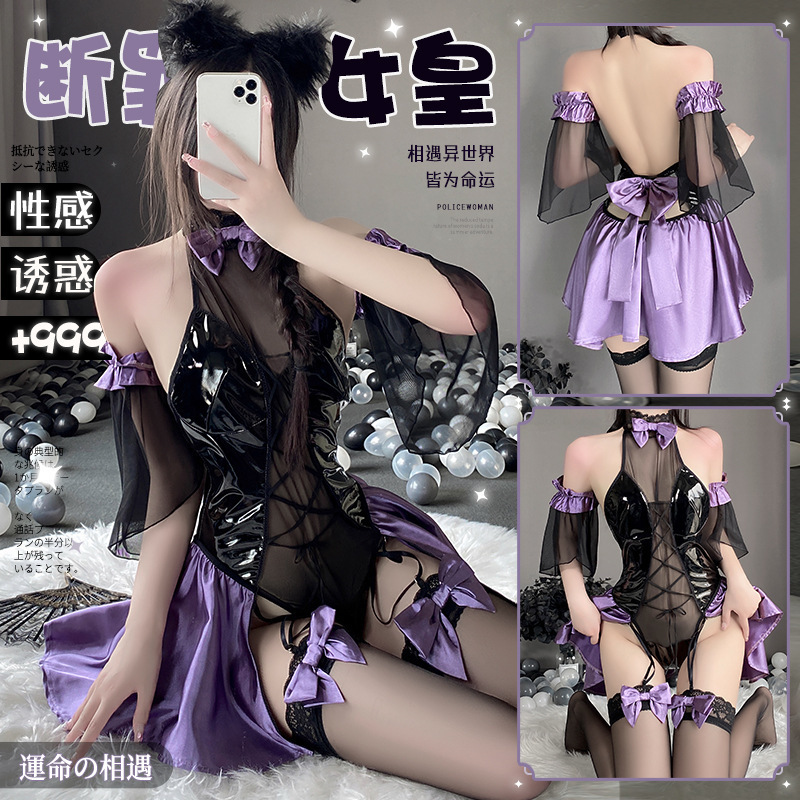 Sexy Underwear Patent Leather Stitching Perspective Shoulder-exposed Jumpsuit Open Gear-free Suit Temptation 8550